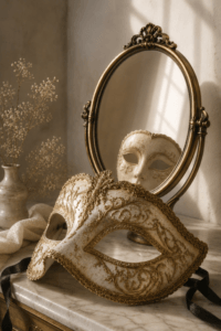 An ornate gold mask resting before an oval mirror — the masks people wear